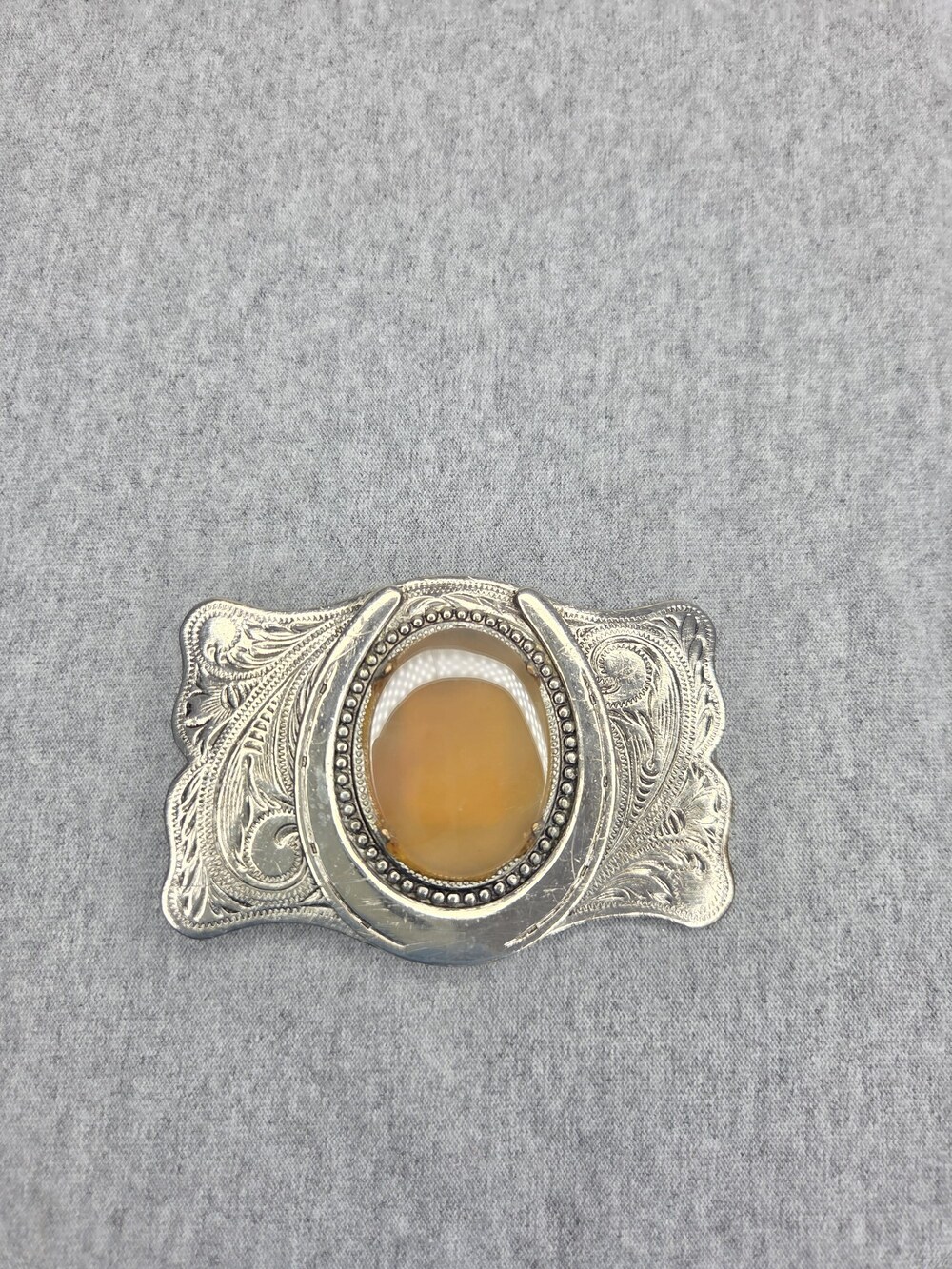 Vintage Western Belt Buckle Amber Agate Cabochon Floral Scroll Horseshoe Womens